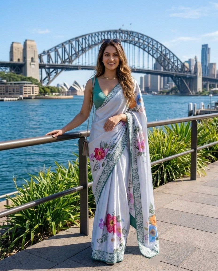 Chalk white Chanderi with printed florals, worn outdoors