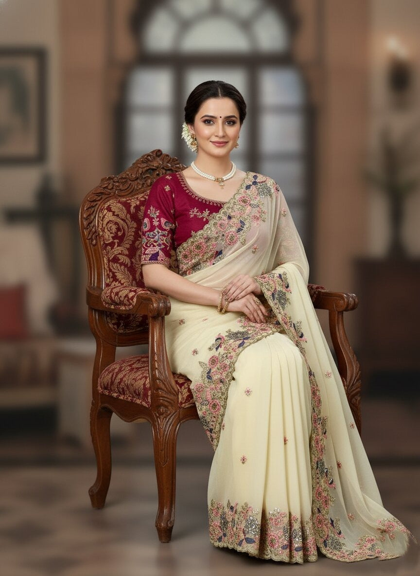 Ivory Kanjivaram in mulberry silk with a woven floral border