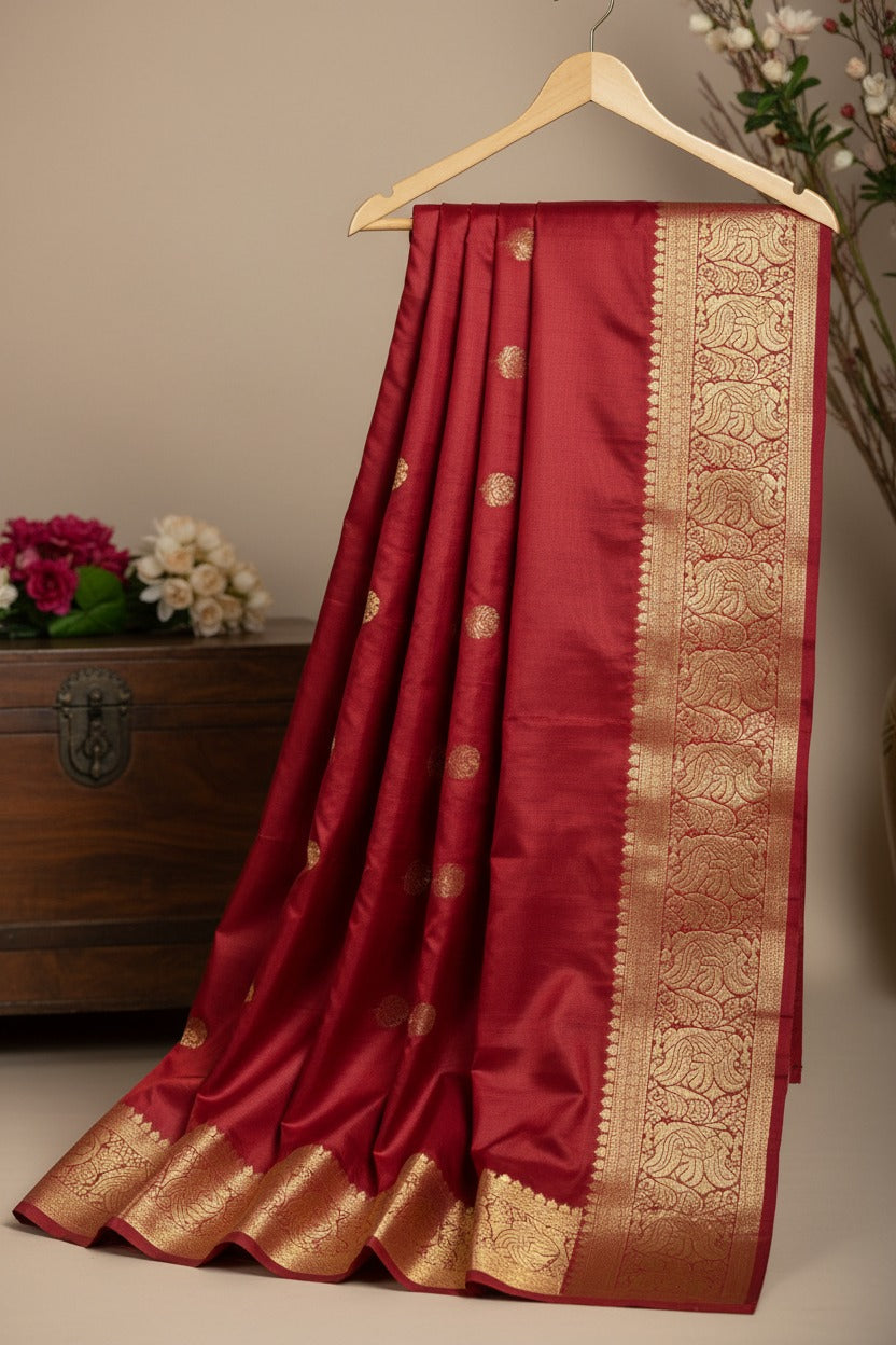 Maroon Banarasi in katan silk photographed against a grey card